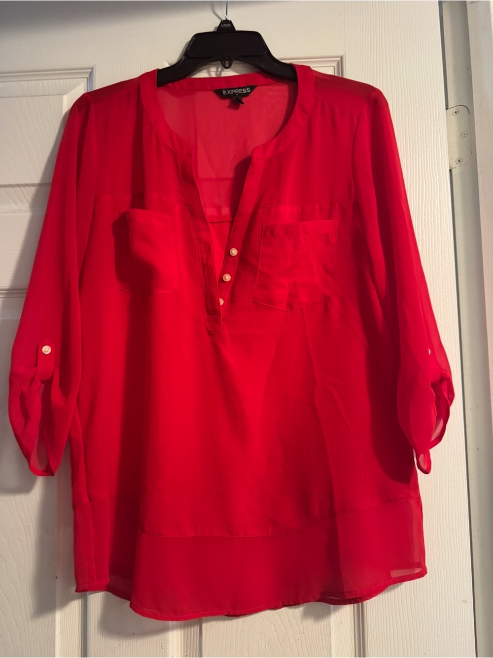 Express Red Sheer Henley Tunic Blouse